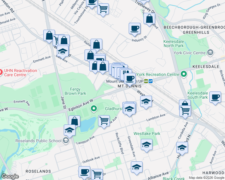 map of restaurants, bars, coffee shops, grocery stores, and more near 3564 Eglinton Avenue West in Toronto