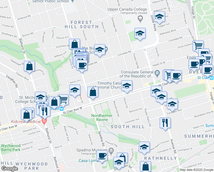 map of restaurants, bars, coffee shops, grocery stores, and more near 302 Russell Hill Road in Toronto