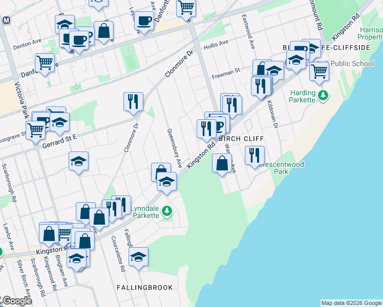 map of restaurants, bars, coffee shops, grocery stores, and more near 149 Audrey Avenue in Toronto