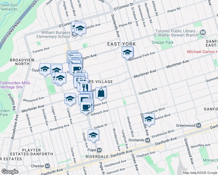 map of restaurants, bars, coffee shops, grocery stores, and more near 275 Mortimer Avenue in Toronto