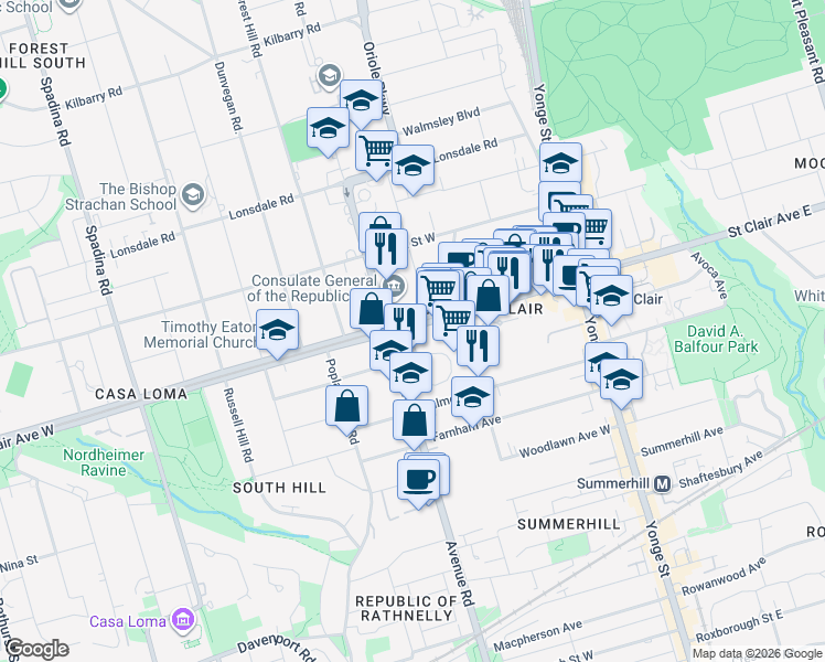 map of restaurants, bars, coffee shops, grocery stores, and more near 99 Foxbar Road in Toronto