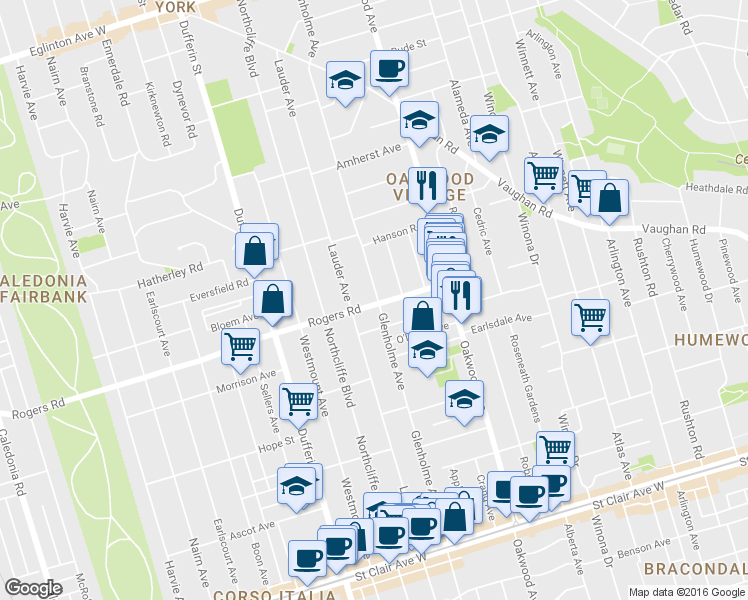 map of restaurants, bars, coffee shops, grocery stores, and more near 26 Rogers Road in Toronto