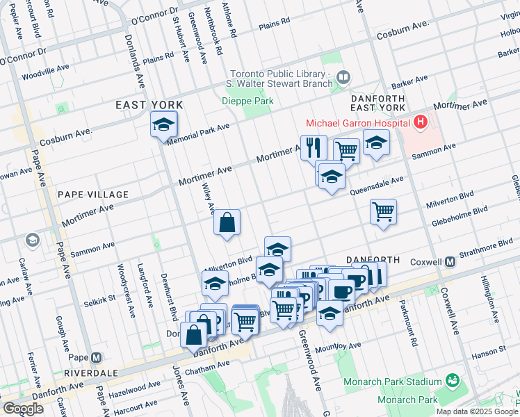 map of restaurants, bars, coffee shops, grocery stores, and more near in Toronto