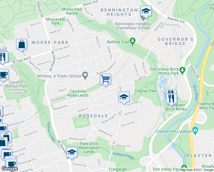 map of restaurants, bars, coffee shops, grocery stores, and more near in Toronto