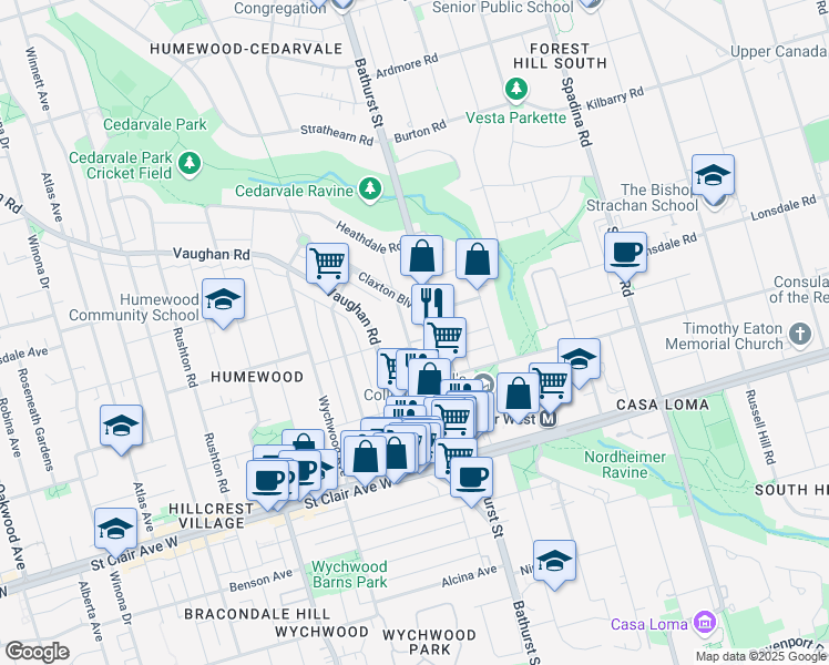 map of restaurants, bars, coffee shops, grocery stores, and more near 165 Vaughan Road in Toronto