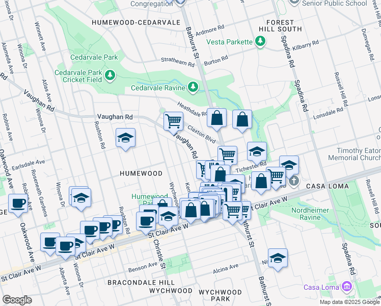 map of restaurants, bars, coffee shops, grocery stores, and more near in Toronto