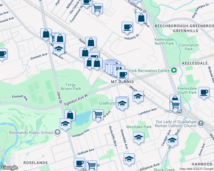 map of restaurants, bars, coffee shops, grocery stores, and more near in Toronto
