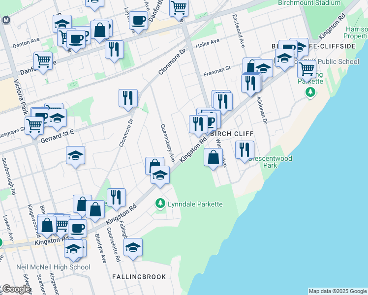 map of restaurants, bars, coffee shops, grocery stores, and more near 149 Audrey Avenue in Toronto