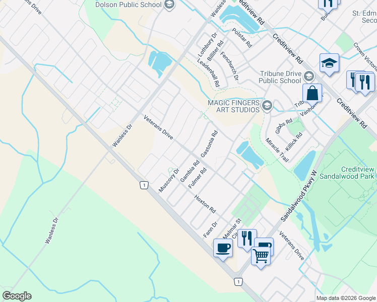 map of restaurants, bars, coffee shops, grocery stores, and more near 215 Veterans Drive in Brampton