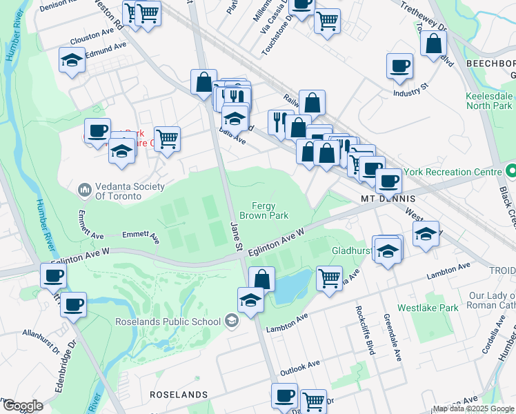 map of restaurants, bars, coffee shops, grocery stores, and more near 3700 Eglinton Avenue West in Toronto