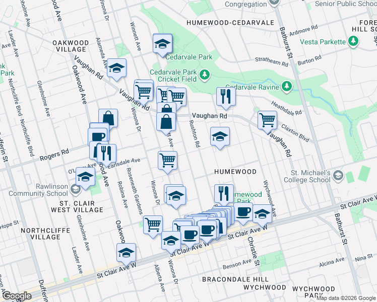 map of restaurants, bars, coffee shops, grocery stores, and more near 281 Arlington Avenue in Toronto