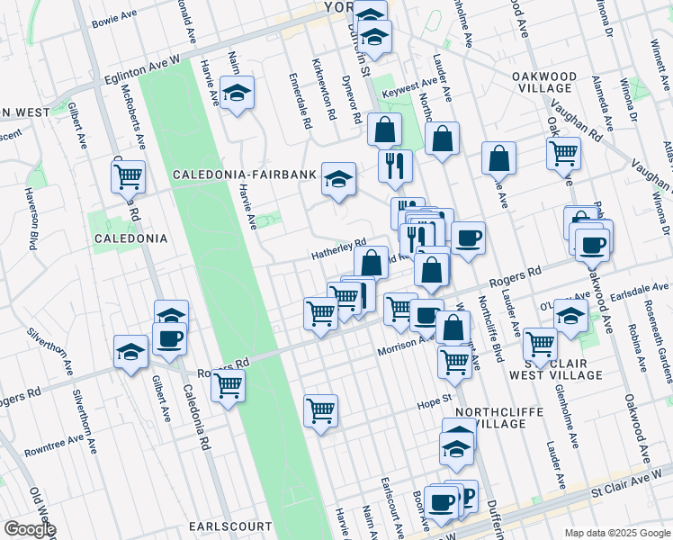 map of restaurants, bars, coffee shops, grocery stores, and more near 50 Eversfield Road in Toronto