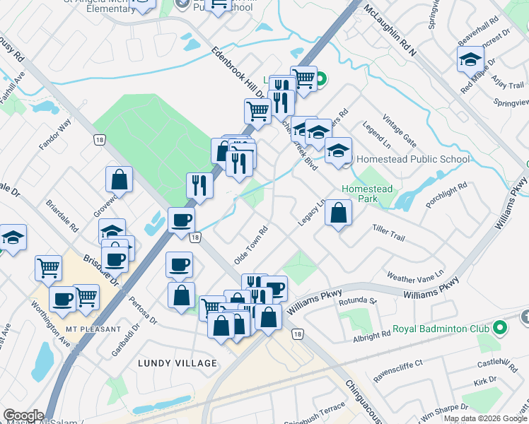 map of restaurants, bars, coffee shops, grocery stores, and more near 172 Native Landing in Brampton