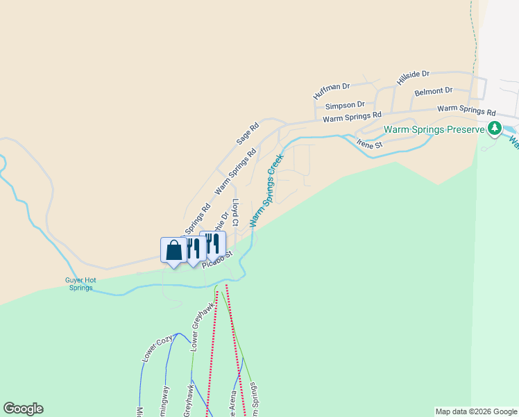 map of restaurants, bars, coffee shops, grocery stores, and more near Prospector Road in Ketchum