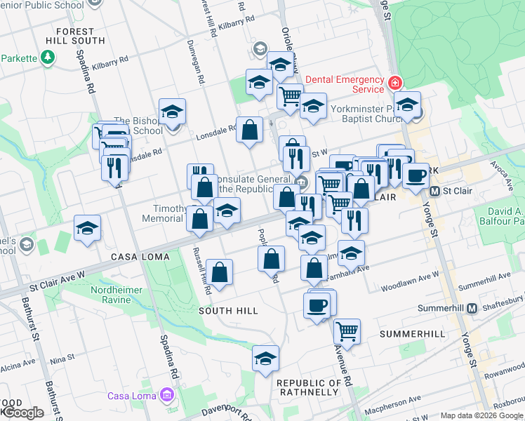 map of restaurants, bars, coffee shops, grocery stores, and more near in Toronto
