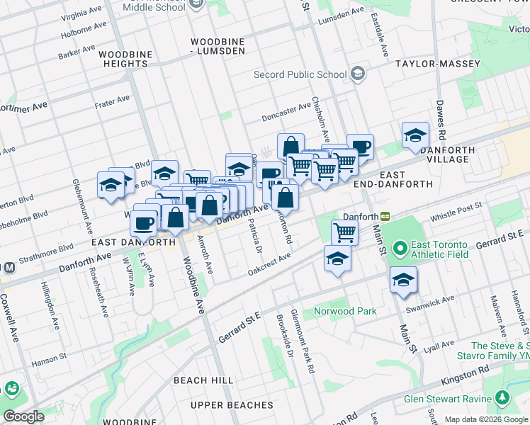 map of restaurants, bars, coffee shops, grocery stores, and more near 2301 Danforth Avenue in Toronto