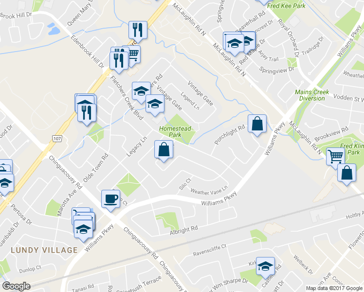 map of restaurants, bars, coffee shops, grocery stores, and more near 74 Fletchers Creek Boulevard in Brampton