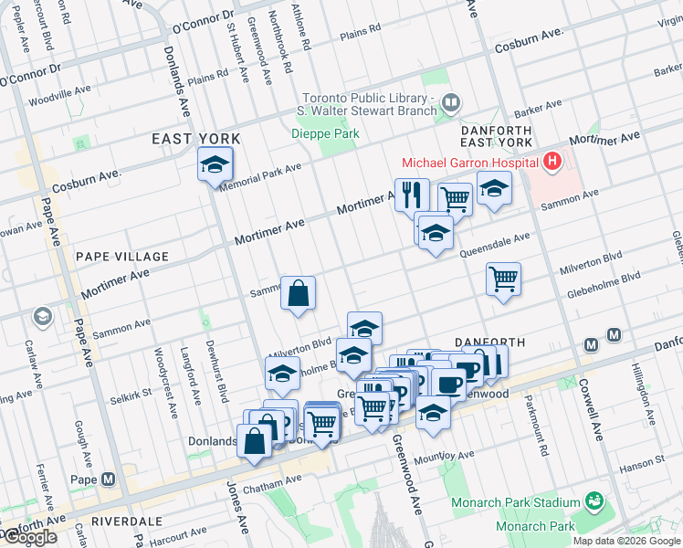 map of restaurants, bars, coffee shops, grocery stores, and more near 325 Sammon Avenue in Toronto
