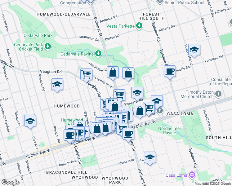 map of restaurants, bars, coffee shops, grocery stores, and more near 1582 Bathurst Street in Toronto