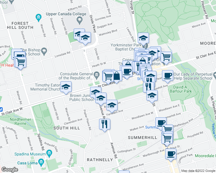map of restaurants, bars, coffee shops, grocery stores, and more near 61 Foxbar Road in Toronto