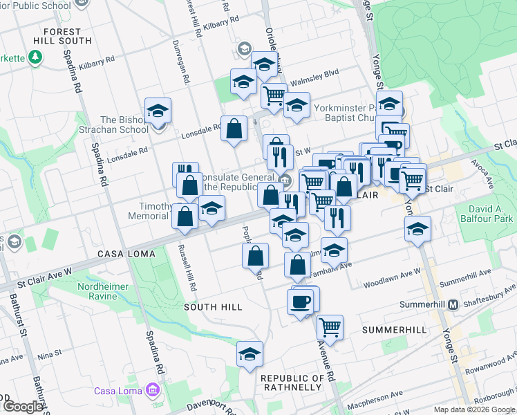 map of restaurants, bars, coffee shops, grocery stores, and more near 175 Saint Clair Avenue West in Toronto