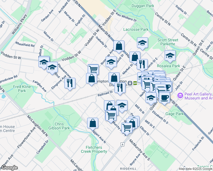 map of restaurants, bars, coffee shops, grocery stores, and more near in Brampton