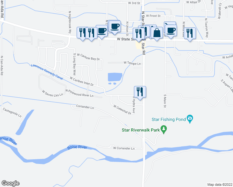 map of restaurants, bars, coffee shops, grocery stores, and more near 11494 West Andromeda Drive in Star