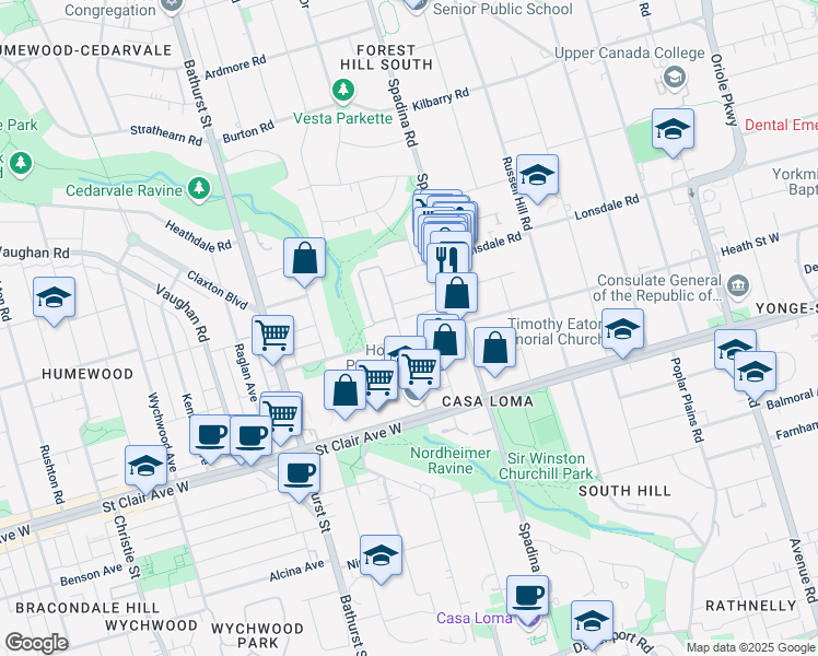 map of restaurants, bars, coffee shops, grocery stores, and more near 250 Heath Street West in Toronto
