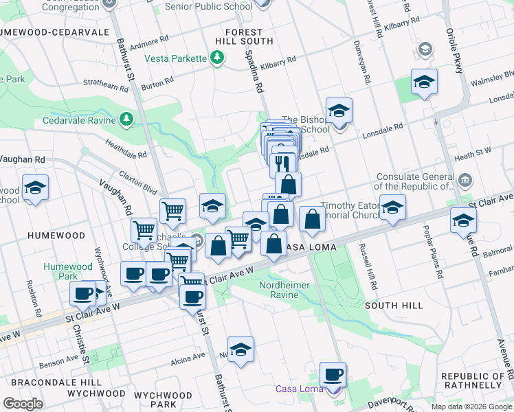 map of restaurants, bars, coffee shops, grocery stores, and more near 250 Heath Street West in Toronto