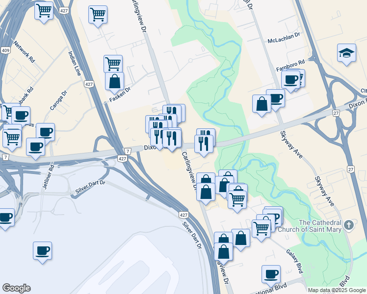 map of restaurants, bars, coffee shops, grocery stores, and more near Dixon Rd & Carlingview Dr in Toronto