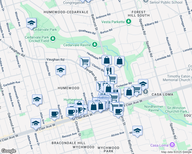 map of restaurants, bars, coffee shops, grocery stores, and more near 189 Vaughan Road in Toronto