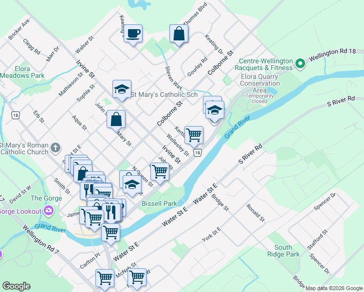 map of restaurants, bars, coffee shops, grocery stores, and more near 75 Wellesley Street in Elora