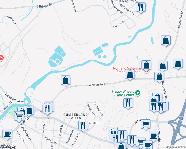 map of restaurants, bars, coffee shops, grocery stores, and more near 161 Warren Avenue in Westbrook
