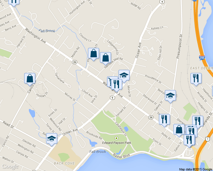 map of restaurants, bars, coffee shops, grocery stores, and more near 528 Ocean Avenue in Portland