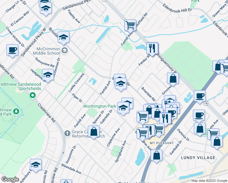 map of restaurants, bars, coffee shops, grocery stores, and more near 35 Continental Road in Brampton