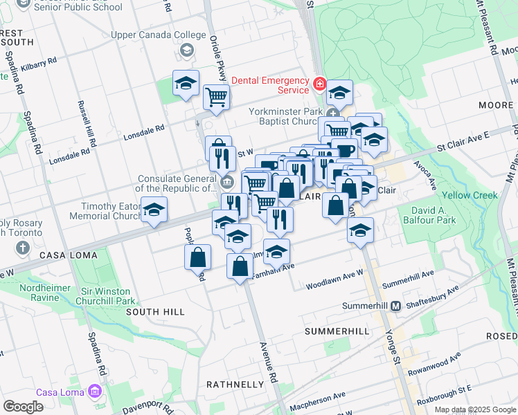 map of restaurants, bars, coffee shops, grocery stores, and more near 111 Saint Clair Avenue West in Toronto