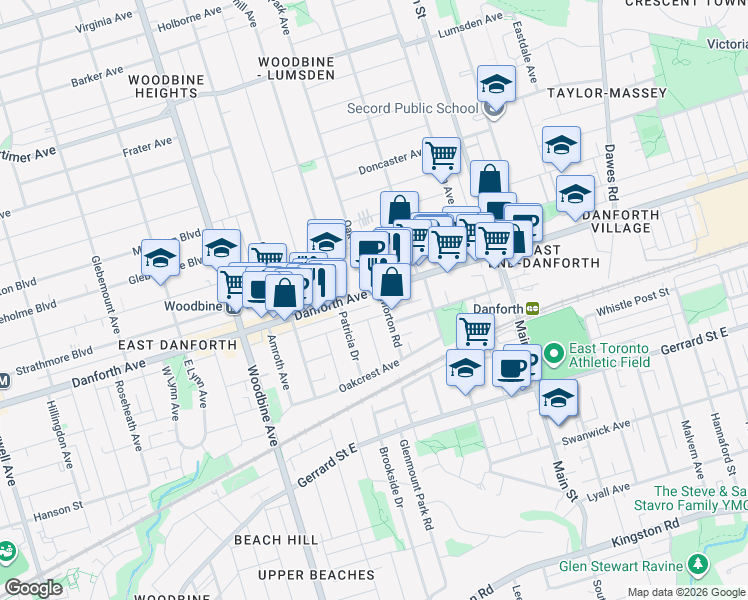 map of restaurants, bars, coffee shops, grocery stores, and more near 2301 Danforth Avenue in Toronto