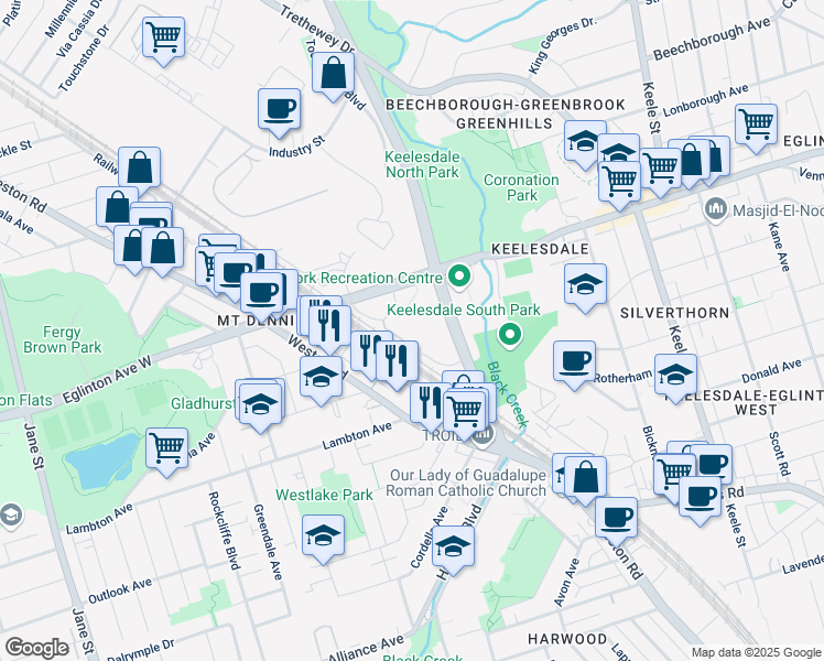 map of restaurants, bars, coffee shops, grocery stores, and more near 25 Photography Drive in Toronto