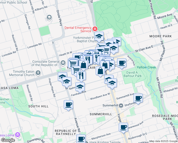map of restaurants, bars, coffee shops, grocery stores, and more near 61 Saint Clair Avenue West in Toronto