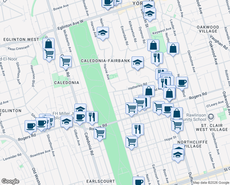 map of restaurants, bars, coffee shops, grocery stores, and more near 129 Hatherley Road in Toronto