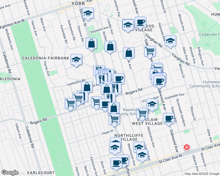map of restaurants, bars, coffee shops, grocery stores, and more near 434 Westmount Avenue in Toronto