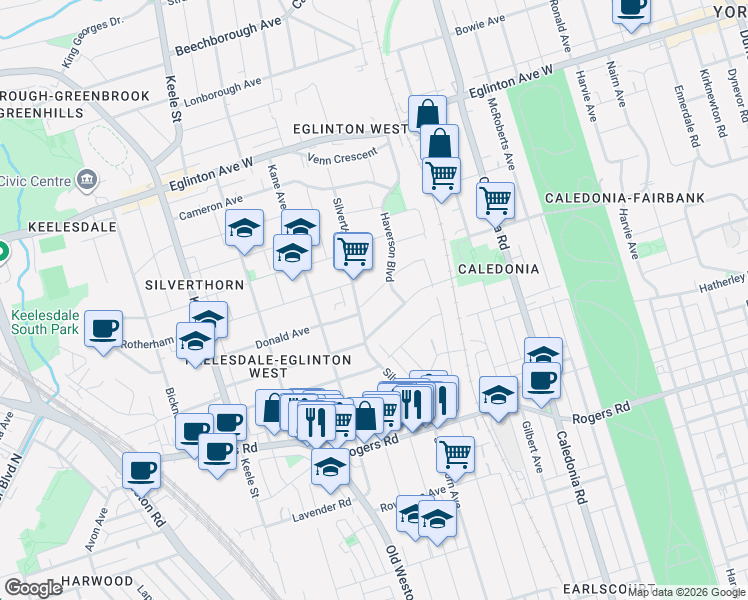 map of restaurants, bars, coffee shops, grocery stores, and more near 27 Donald Avenue in Toronto