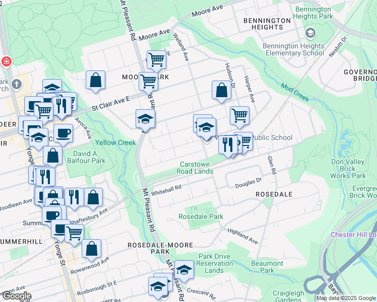 map of restaurants, bars, coffee shops, grocery stores, and more near 98 Ridge Drive in Toronto