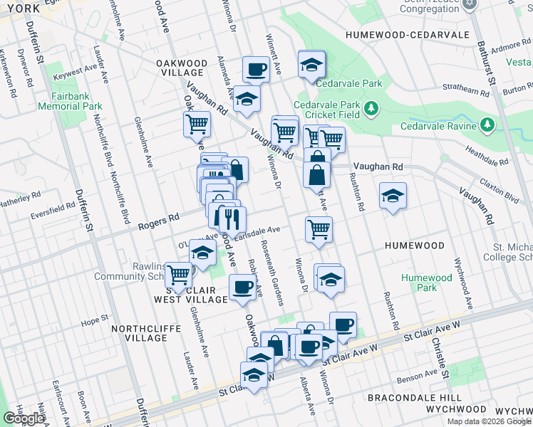 map of restaurants, bars, coffee shops, grocery stores, and more near 15 Holland Park Avenue in Toronto