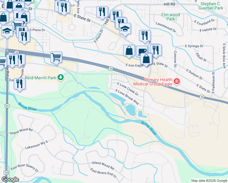 map of restaurants, bars, coffee shops, grocery stores, and more near 1257 East Lone Shore Drive in Eagle