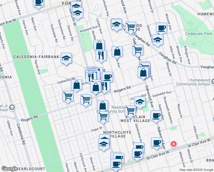 map of restaurants, bars, coffee shops, grocery stores, and more near 414 Northcliffe Boulevard in Toronto