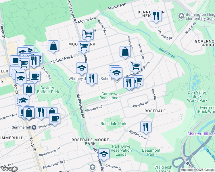 map of restaurants, bars, coffee shops, grocery stores, and more near 102 Ridge Drive in Toronto