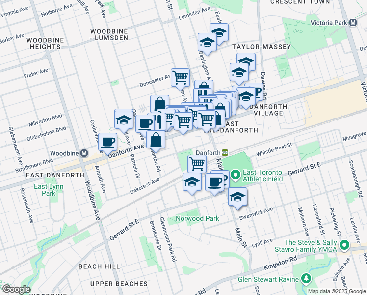map of restaurants, bars, coffee shops, grocery stores, and more near 86 Stephenson Avenue in Toronto