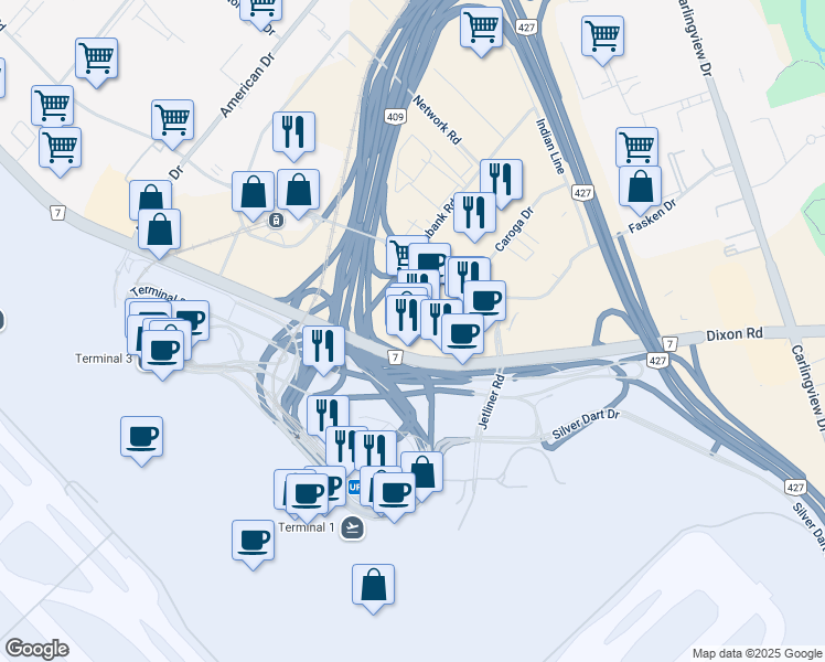 map of restaurants, bars, coffee shops, grocery stores, and more near 248-5955 Airport Road in Mississauga
