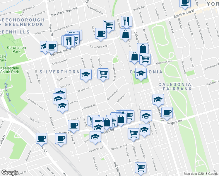map of restaurants, bars, coffee shops, grocery stores, and more near 27 Donald Avenue in Toronto